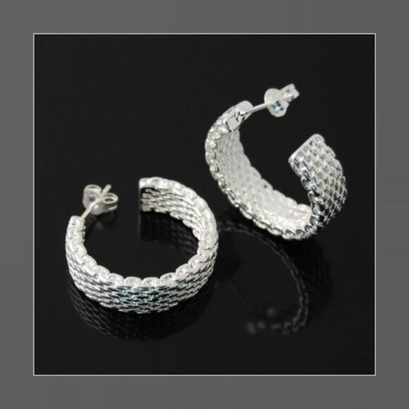 Silver Tone Hoop Mesh Pierced Earrings - Picture 1 of 5